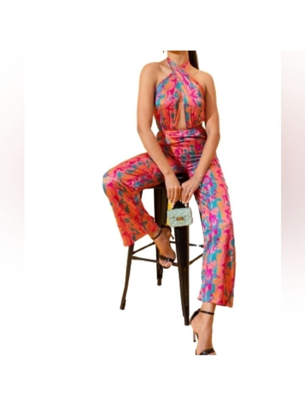 Stylecast halterneck abstract printed wrap multicolor sleeveless jumpsuit